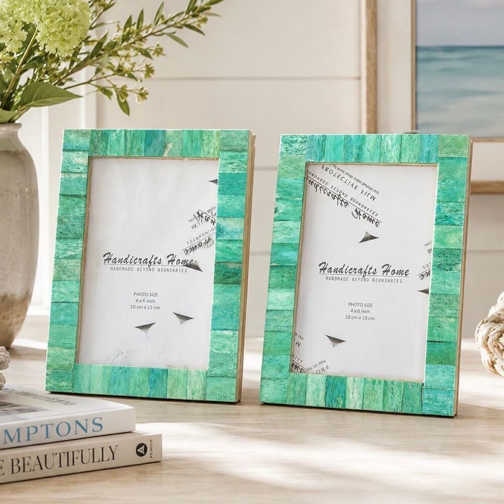 Set of 2 Aqua Blue Mosaic Tile 4×6 Photo Frames - Handmade Coastal Beach Decor
